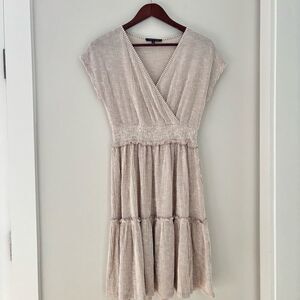 Cottagecore Striped Smocked Midi Dress Caution to the Wind Neutral Taupe Size M